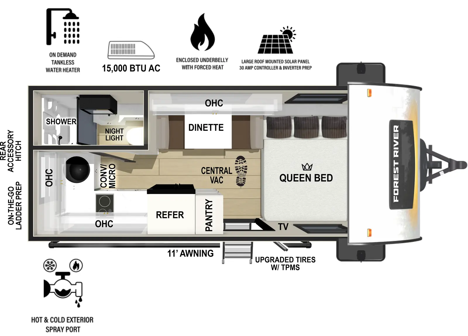 The RP-194 has zero slideouts and one entry. Exterior features 11 foot awning, upgraded tires with TPMS, hot and cold spray port, on-the-go ladder prep, rear accessory hitch, on demand tankless water heater, 15,000 BTU air conditioner, enclosed underbelly with forced heat, and large roof mounted solar panel 30 amp controller & inverter prep. Interior layout front to back: side-facing queen bed with door side TV and central vacuum; off-door side dinette with overhead cabinet; door side entry, pantry, refrigerator, and kitchen counter with overhead cabinet and cooktop that wraps to rear with sink and convection microwave; off-door side rear full bathroom with night light.